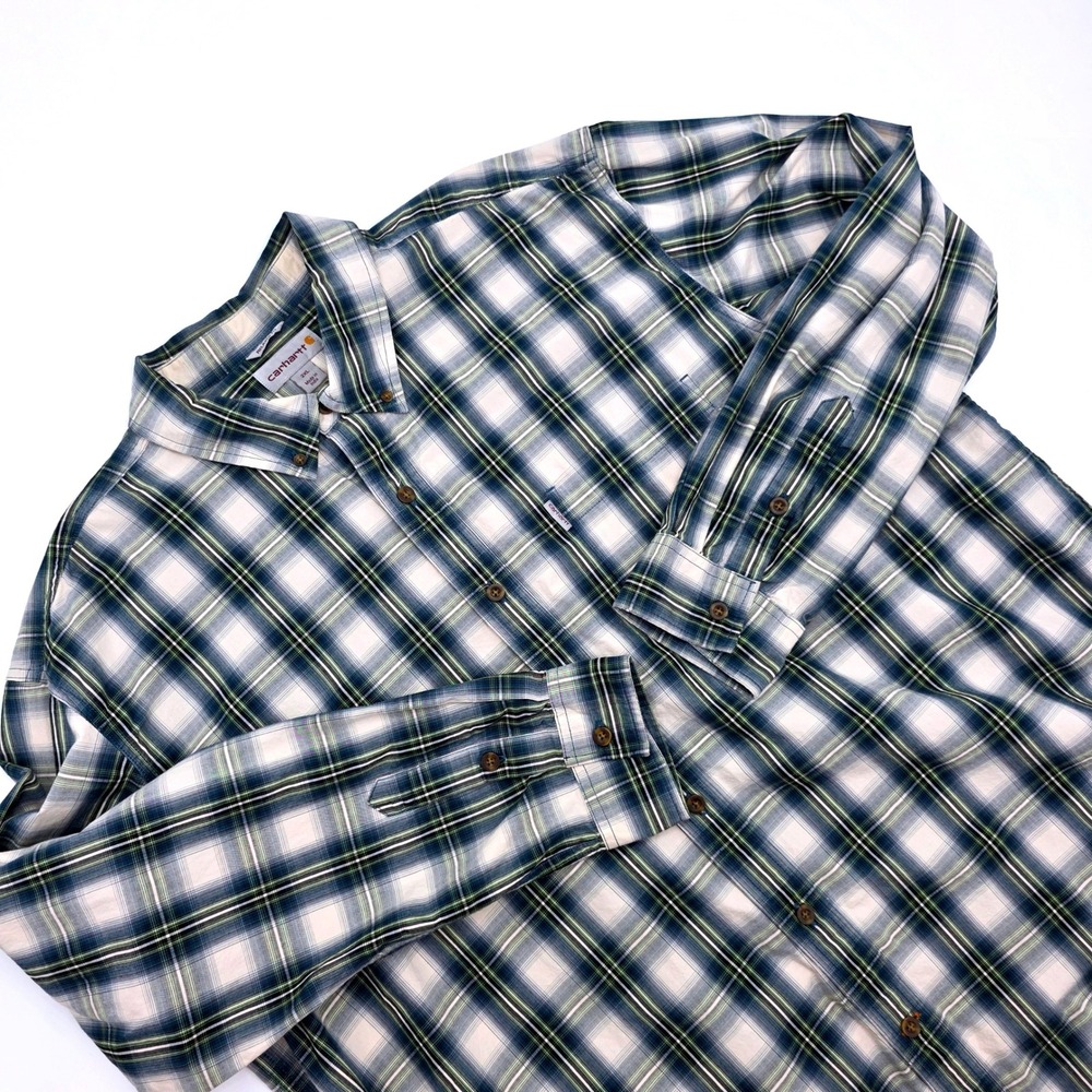 Carhartt Mens Relaxed Fit Plaid Button Down Shirt Blue Green 2XL 102278 984